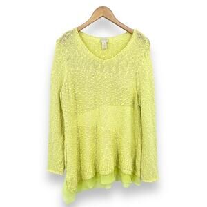Chico’s boucle knit yellow V neck pullover asymmetrical hem long sleeve sweater